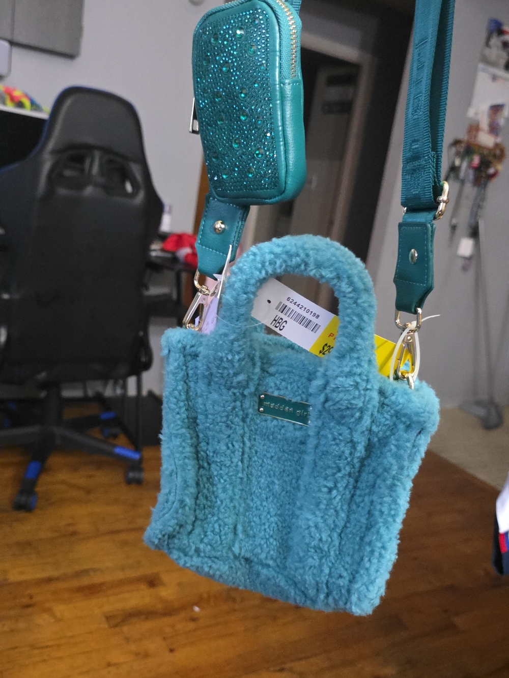 Steve Madden Teal Faux-Shearling Mini Tote with Removable Strap
